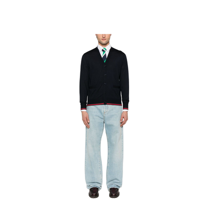 Wool Knit Cardigan with Web in Dark Blue