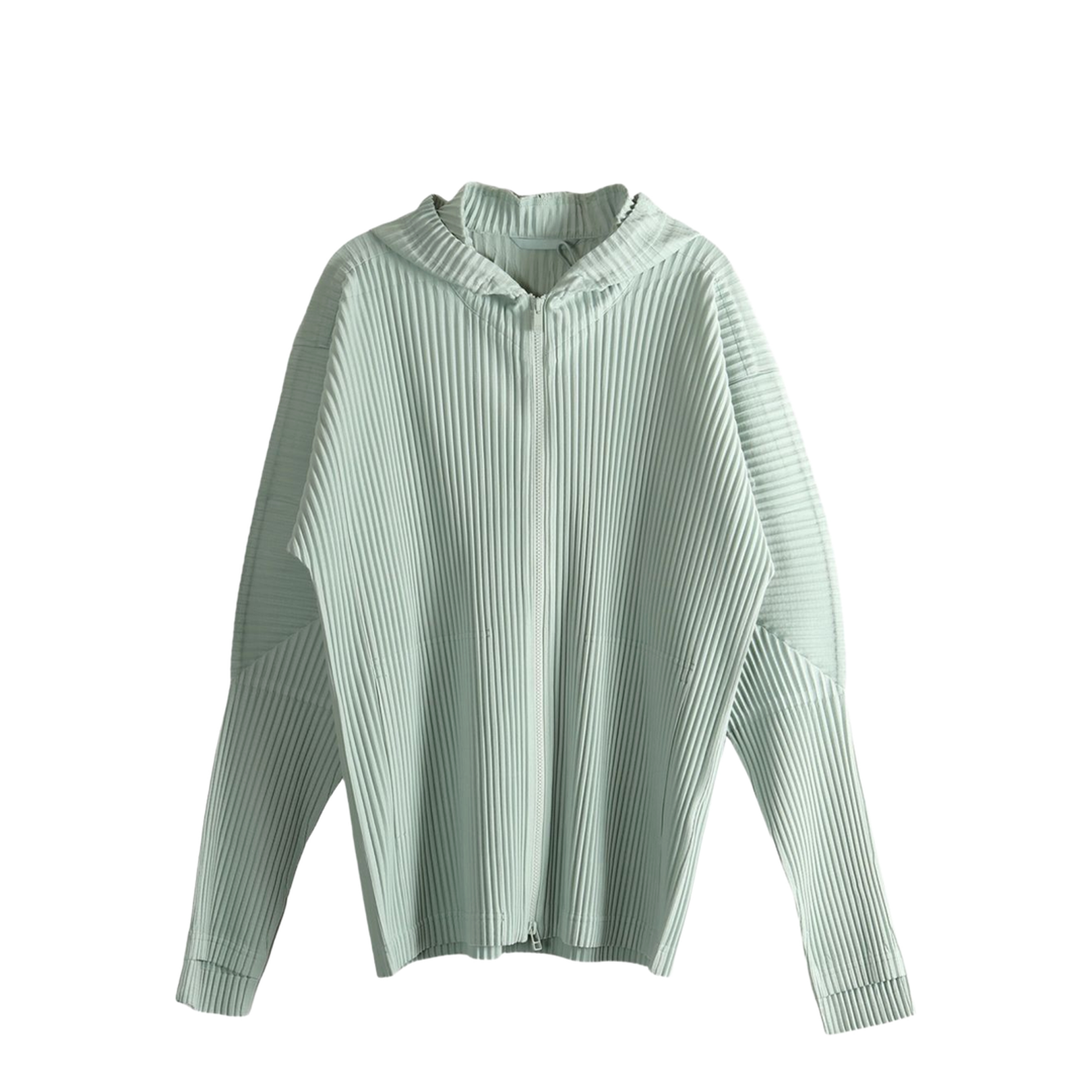 Light Green Pleated Design Zip Front Fastening Hooded Jacket