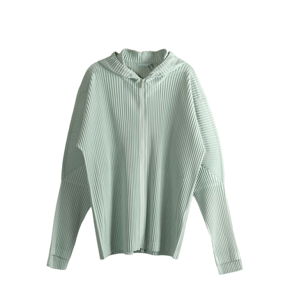 Light Green Pleated Design Zip Front Fastening Hooded Jacket