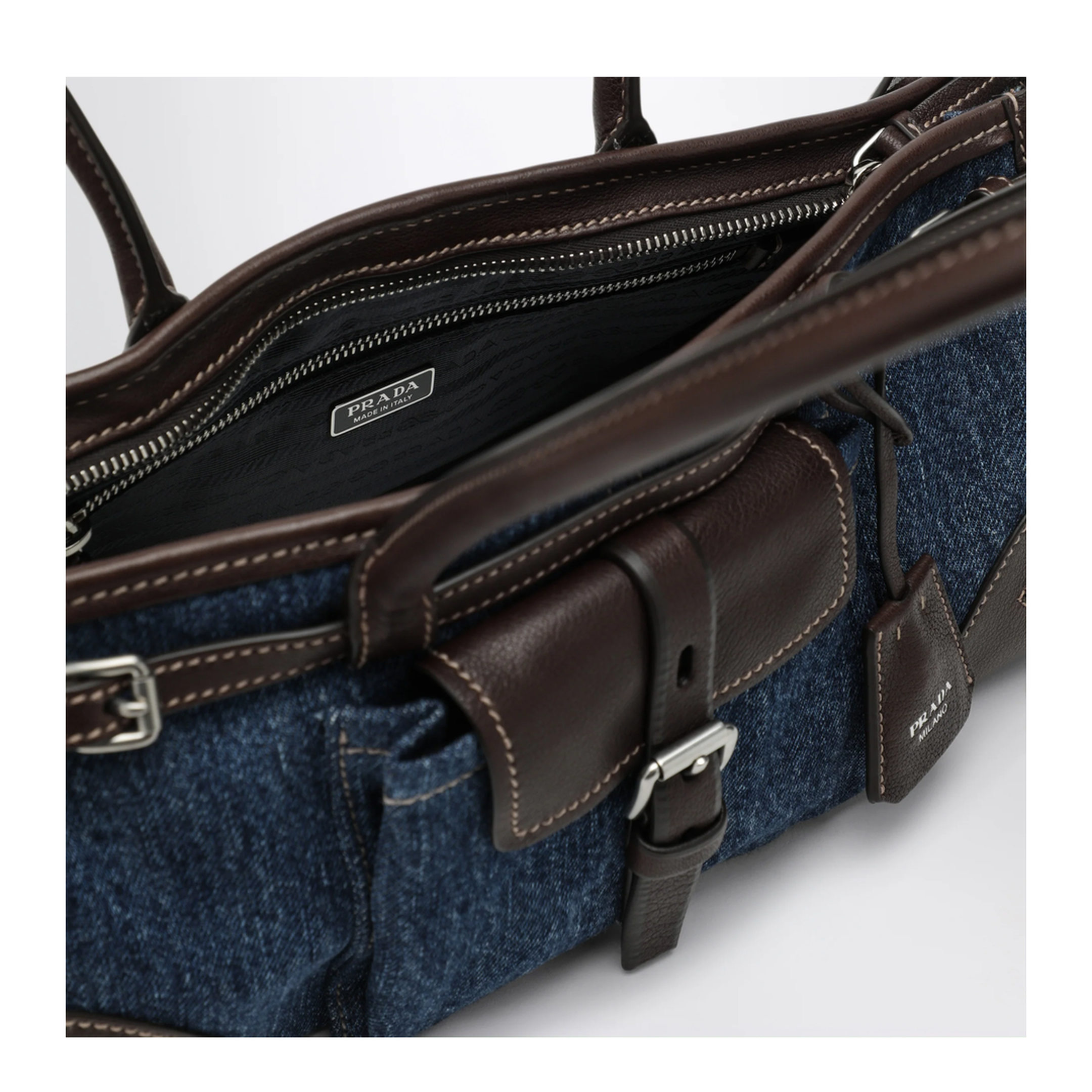 MAYFEYR - Prada - Bonnie Medium Handbag In Blue Denim And Leather - 1BA426OTM2GCFF0C1B