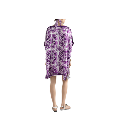 Lavender Purple Round Neck Short Sleeves Flared Hem Thigh-Length Dress