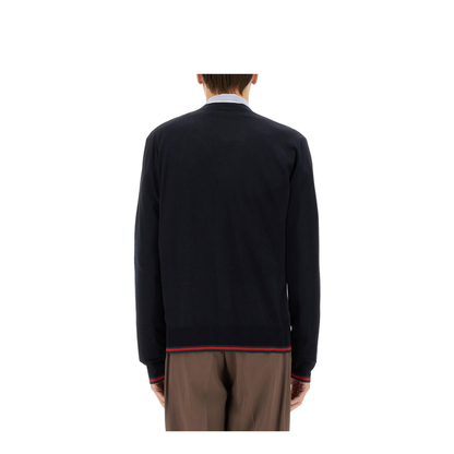 Wool Knit Cardigan with Web in Dark Blue