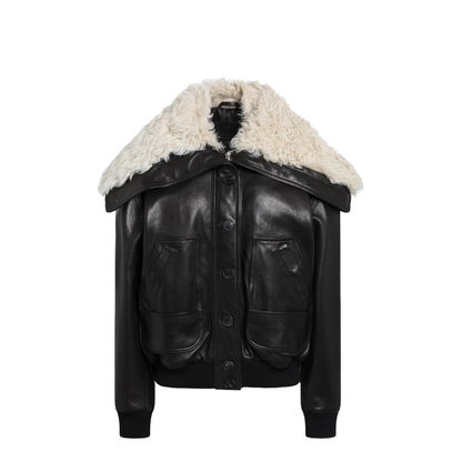 MAYFEYR - The Attico - Black Leather Bomber Jacket With Shearling Collar - 261WCB00129LBT166AA418