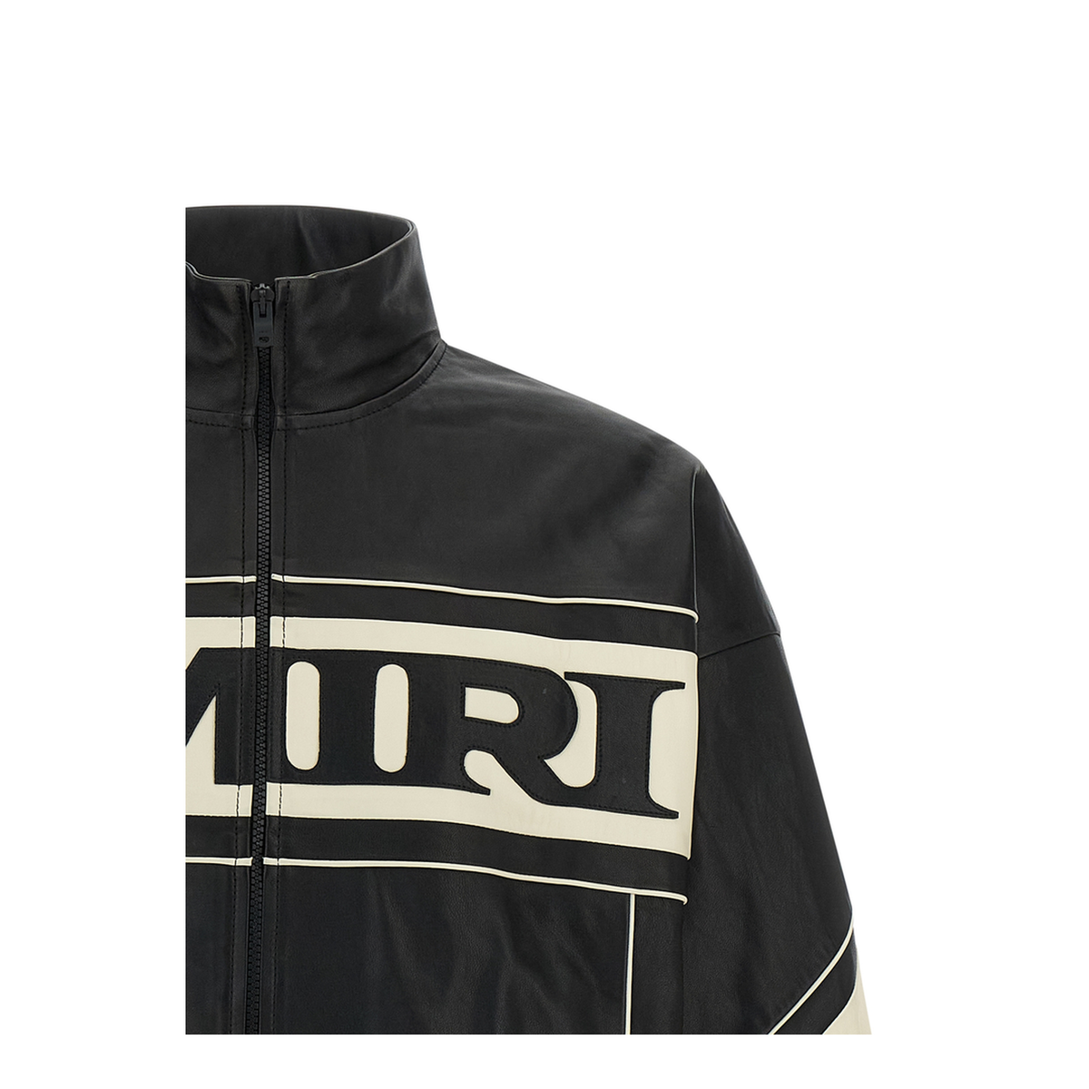 Black Jacket With High Neck And Maxi Logo Lettering On The Front And Back In Leather