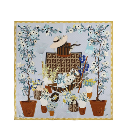 Gardening Light Blue Multicoloured Silk Foulard