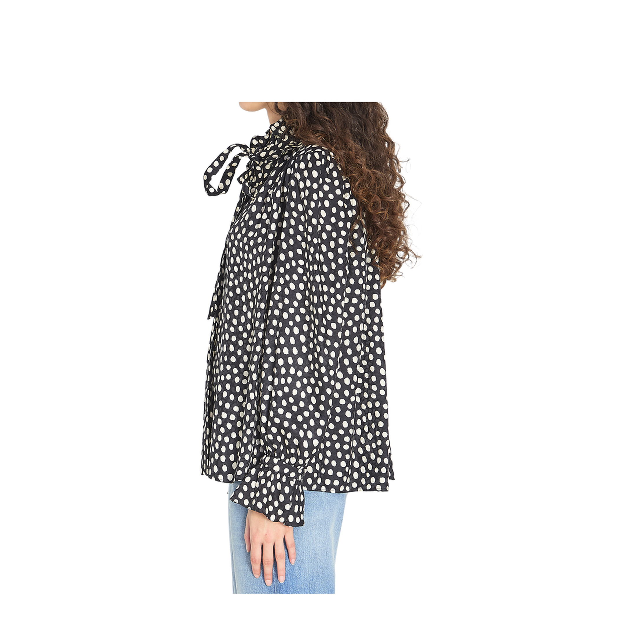 Black Blouse with High Neck and All-Over Polka Dot Motif