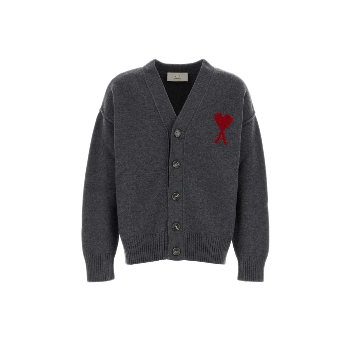 Grey Wool Cardigan with Ami de Coeur - Grey/Red