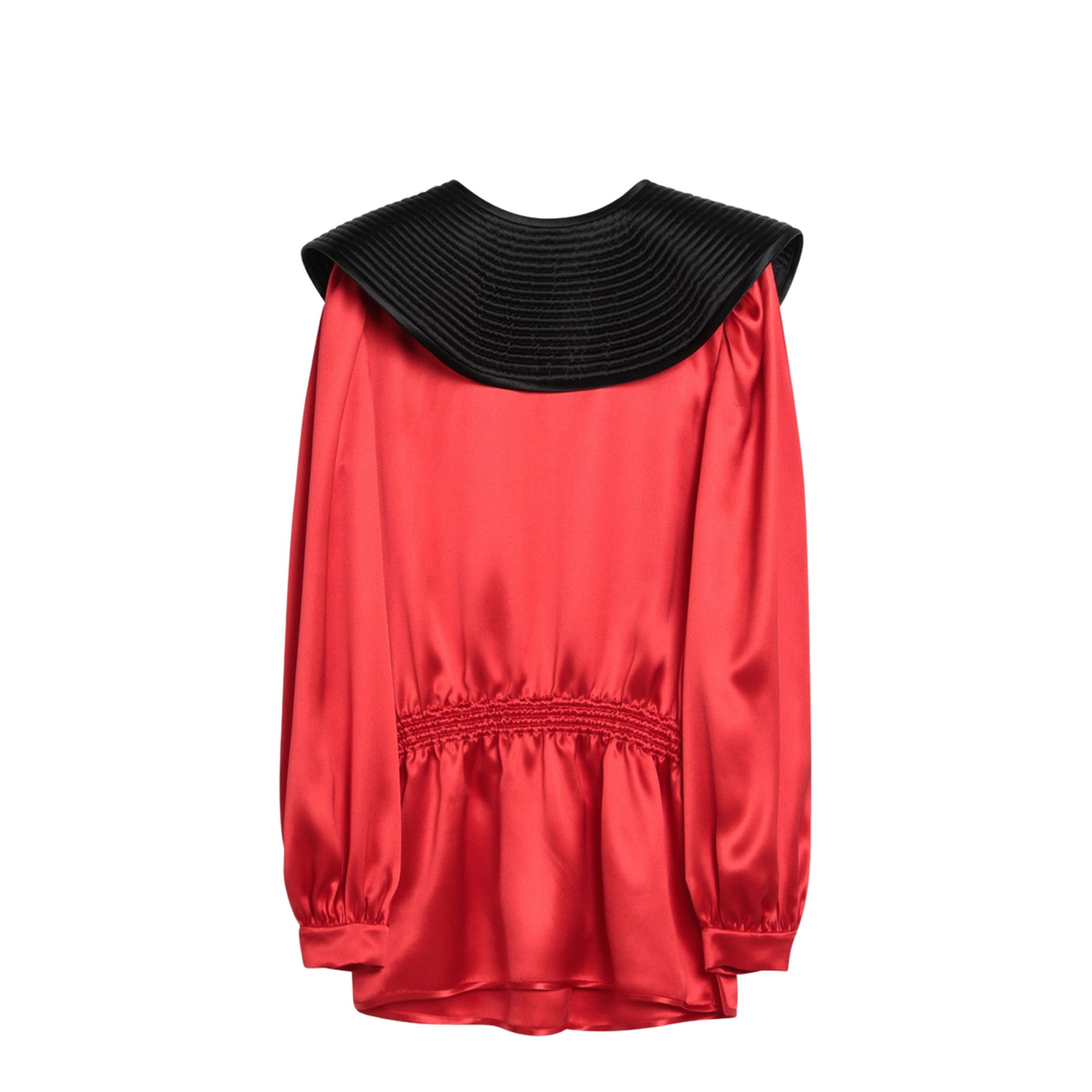 Red Silk Blouse with Black Collar