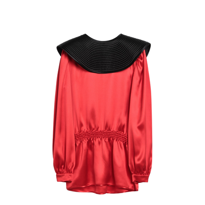 Red Silk Blouse with Black Collar