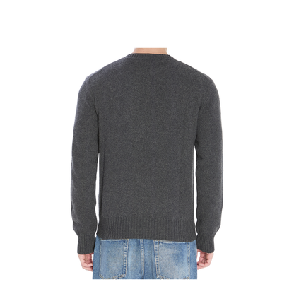 Grey Crew-Neck Sweater with Ribbed Trims