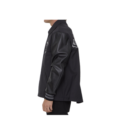 Black Leather Sleeves Nylon Bomber