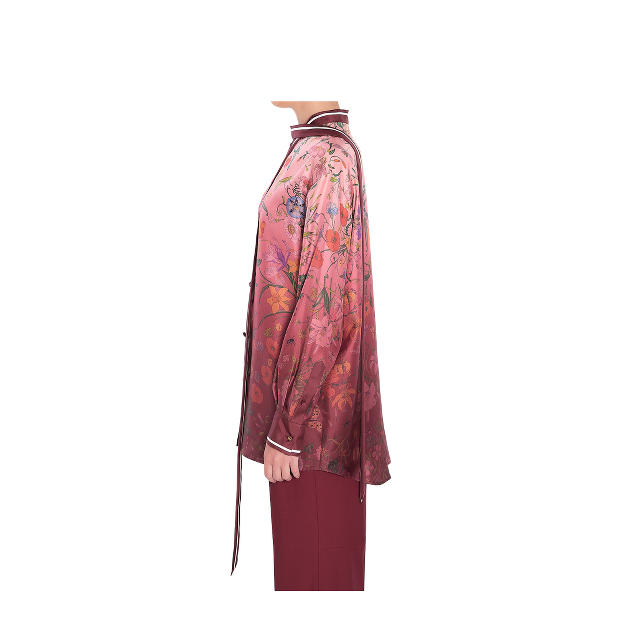 Printed Silk Shirt with Neck Bow in Pink and Rosso Ancora Red