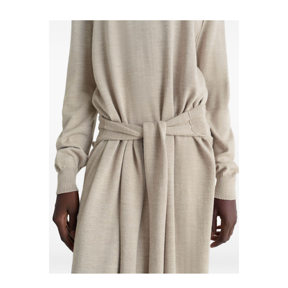Light Taupe Turtleneck Neckline Tie Fastening Long Sleeves Side Slits Rib-Knit Trim