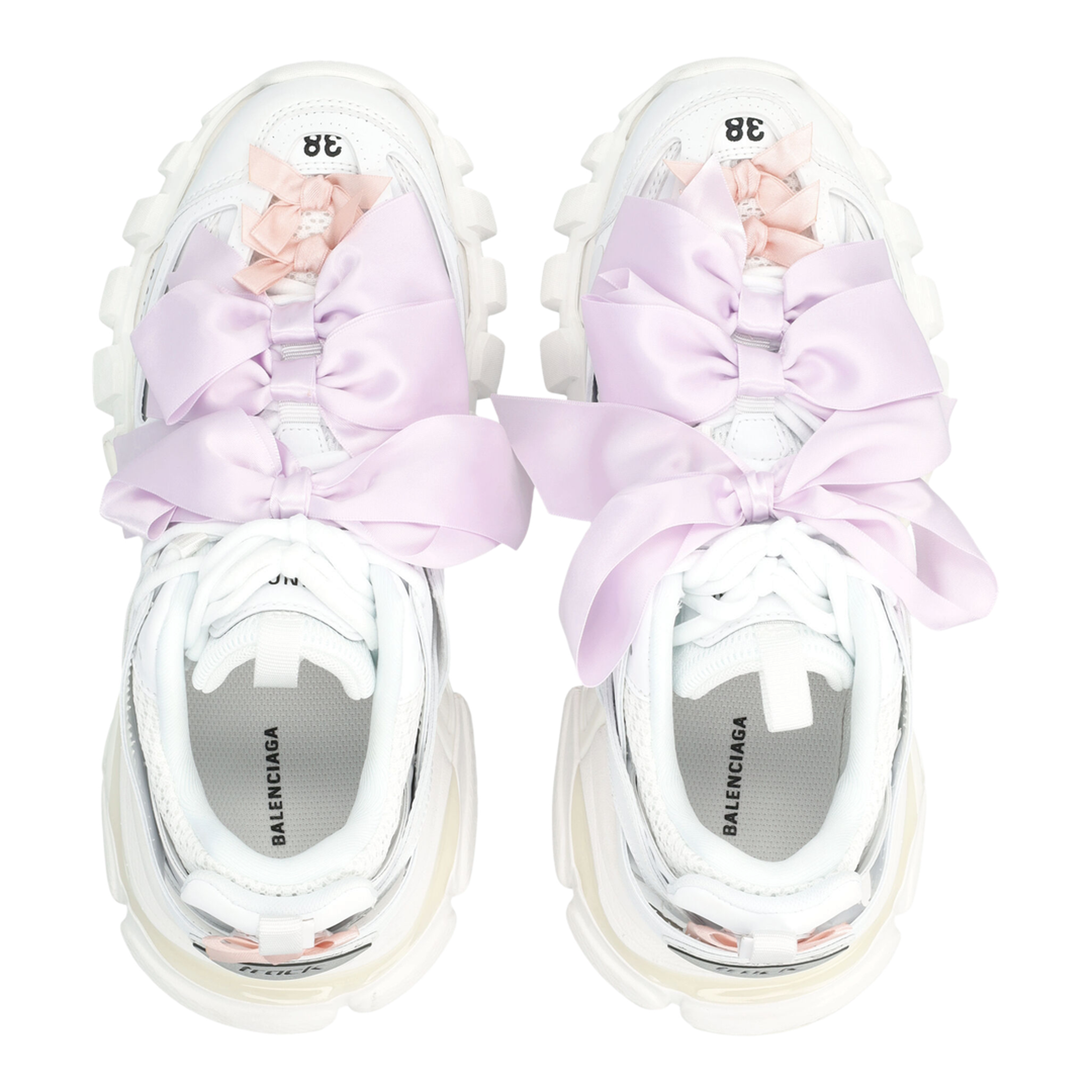 Track Bow Sneakers in Mixed Materials, White and Pink