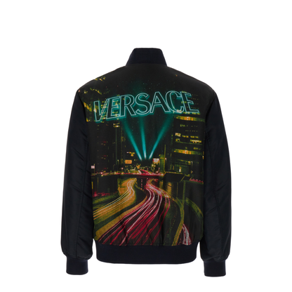 Black And Multicolour Printed Bomber Down Jacket