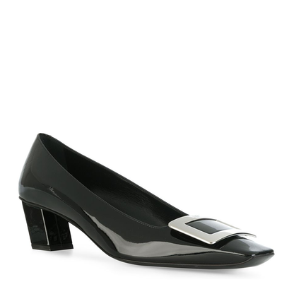 black calfskin pumps with buckle and wide heel