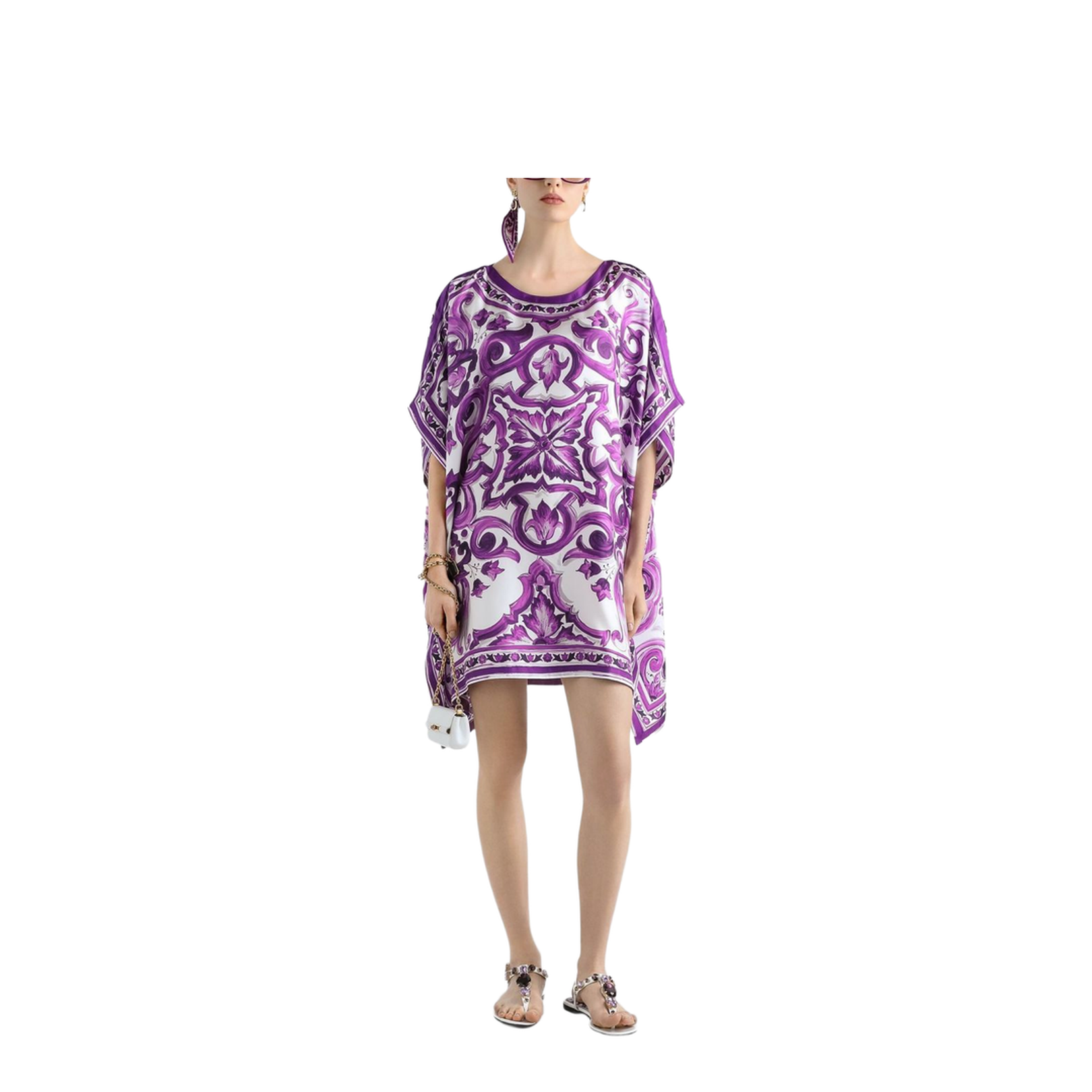 Lavender Purple Round Neck Short Sleeves Flared Hem Thigh-Length Dress