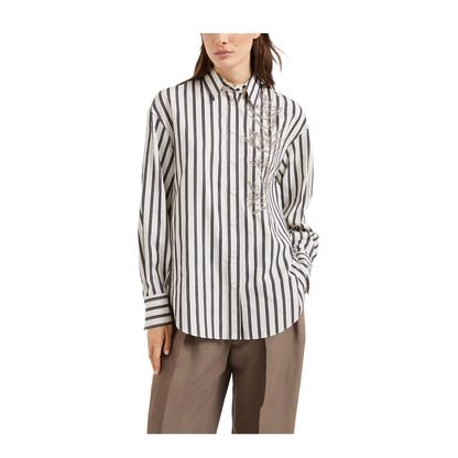 Cotton Striped Shirt with Glistening Flora Embroidery