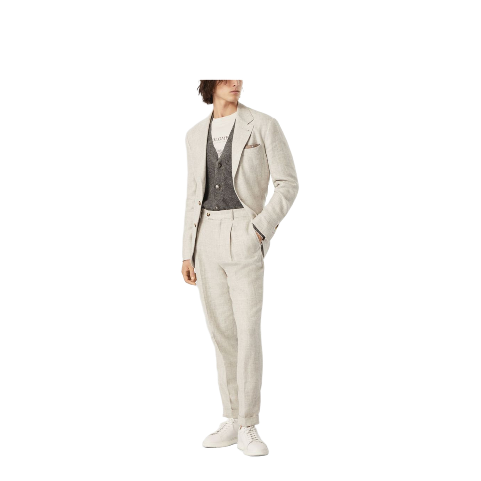 Linen and Cotton Half English Rib Cardigan with Metal Buttons