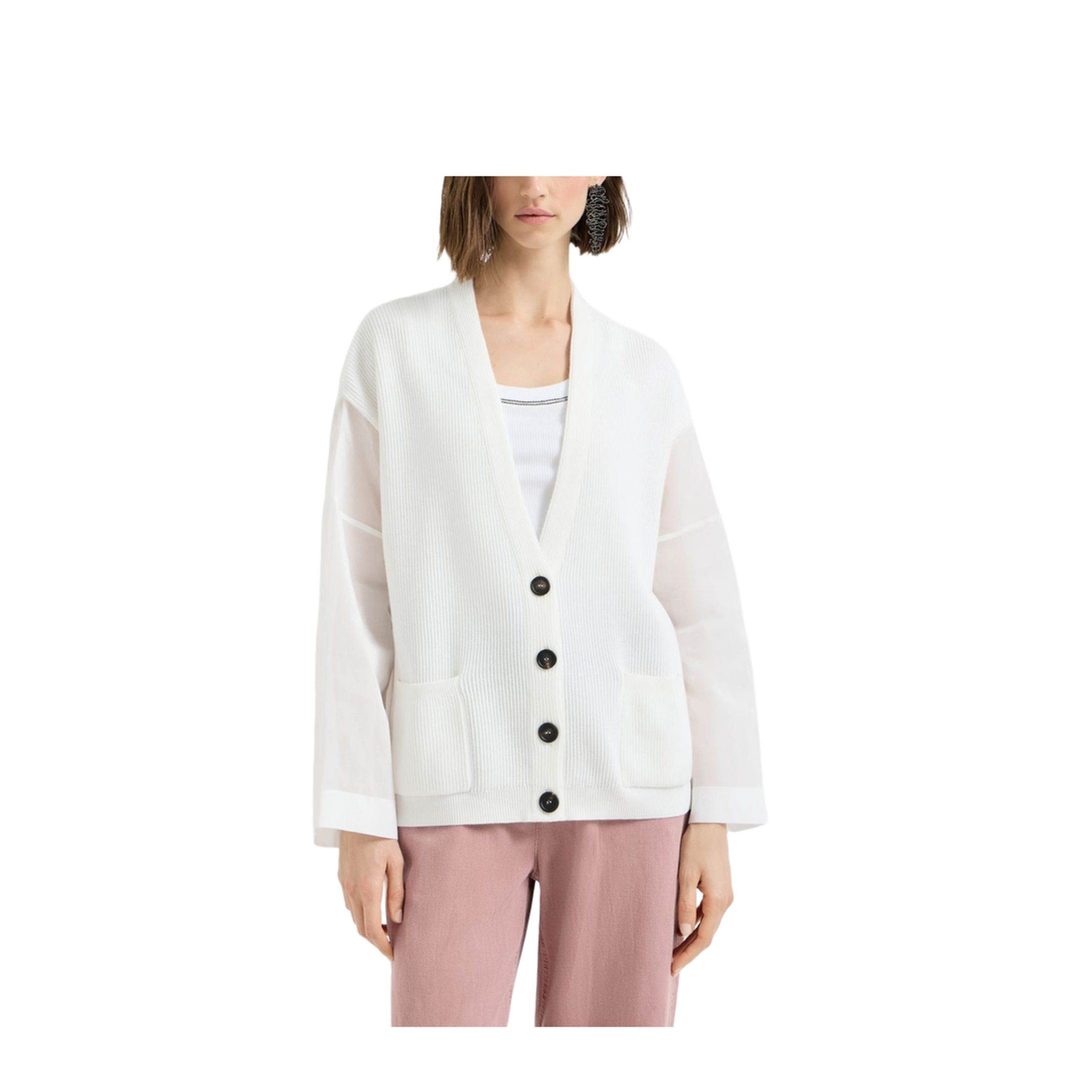 Ribbed Knit Cardigan White