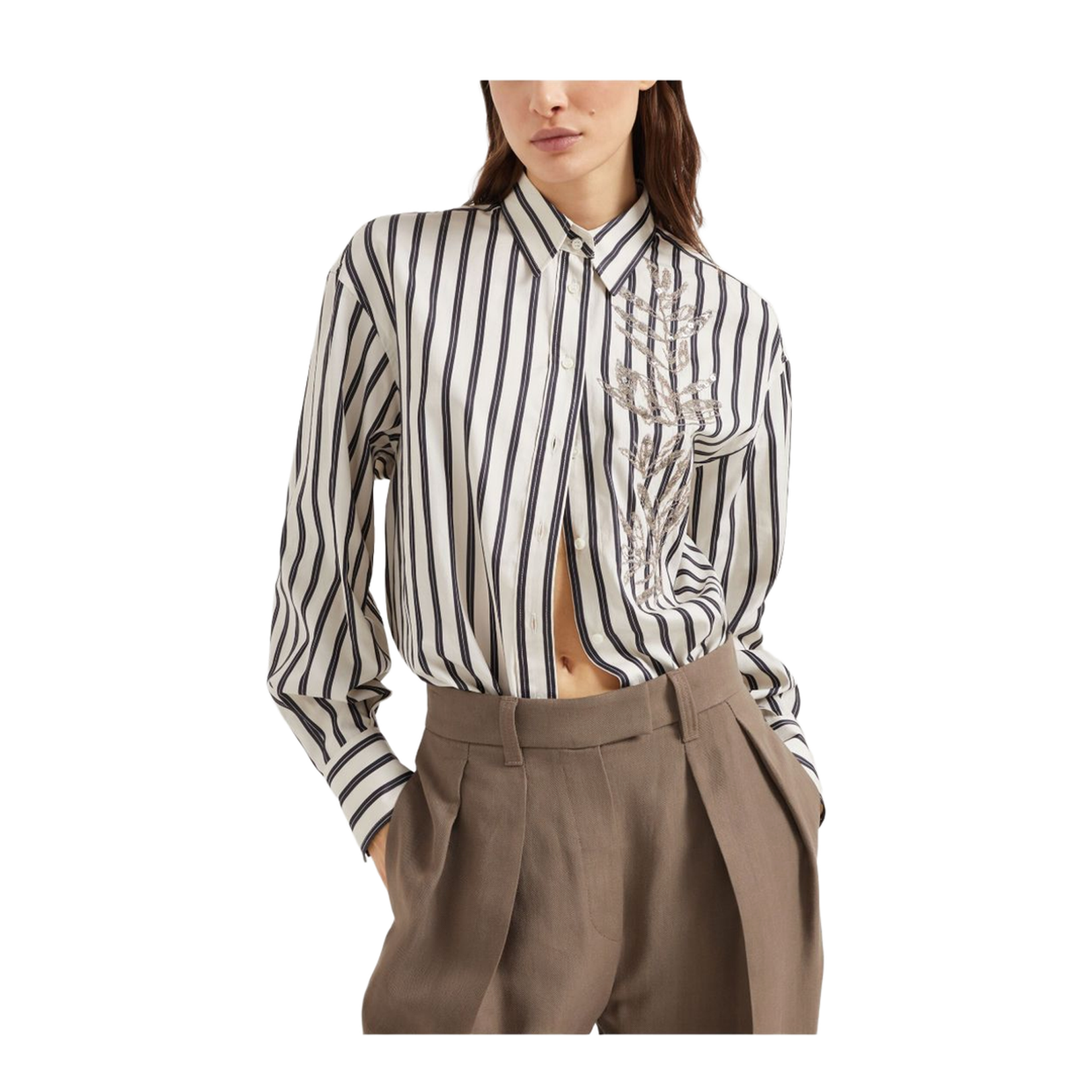Cotton Striped Shirt with Glistening Flora Embroidery