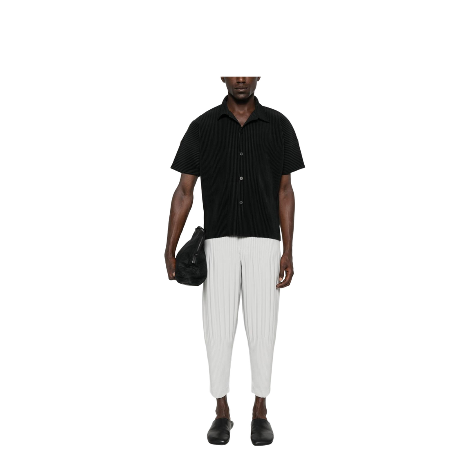 Black Pleated Texture Short Sleeves Button Fastening Straight Hemline