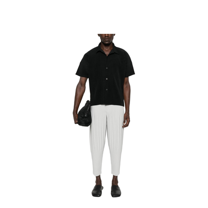 Black Pleated Texture Short Sleeves Button Fastening Straight Hemline
