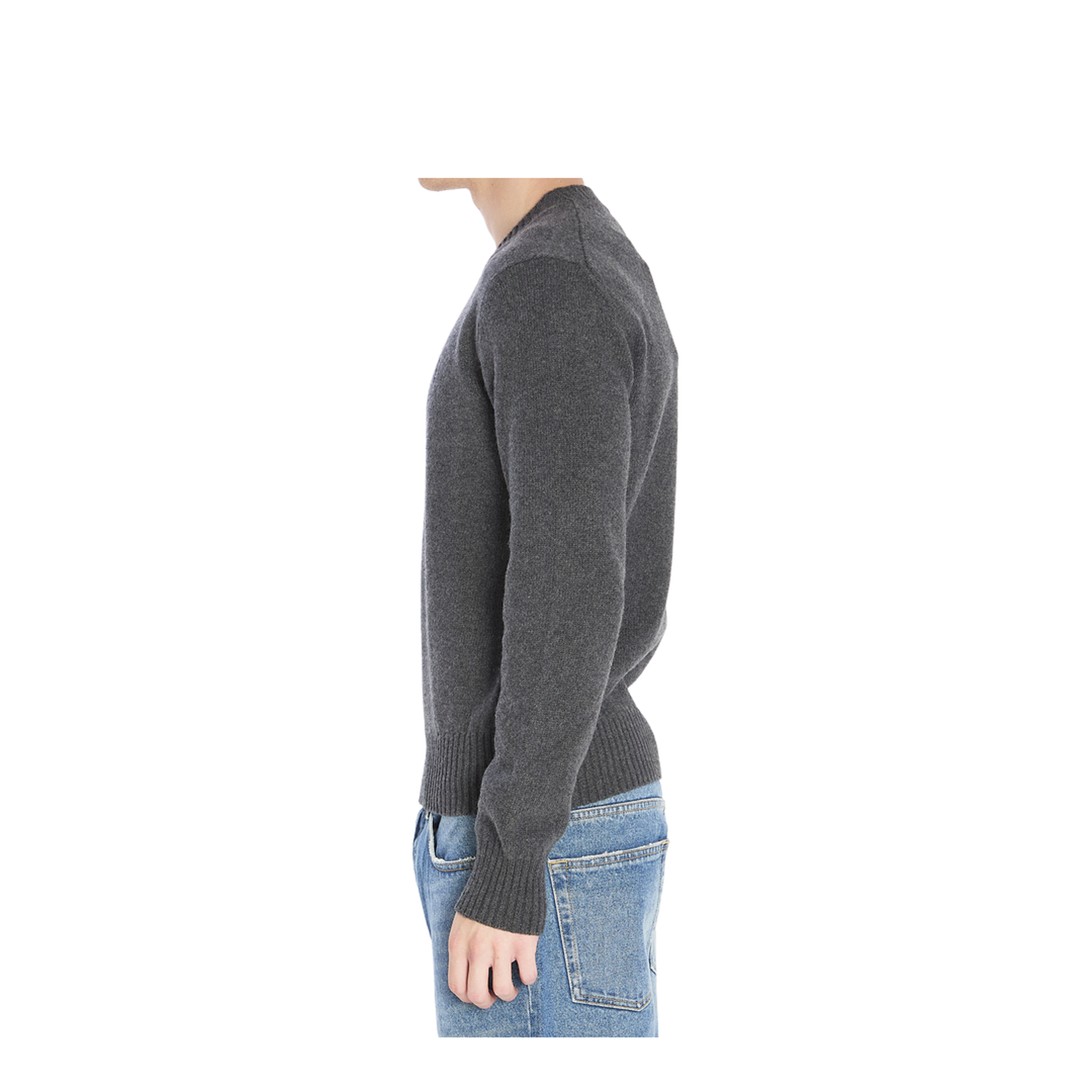 Grey Crew-Neck Sweater with Ribbed Trims