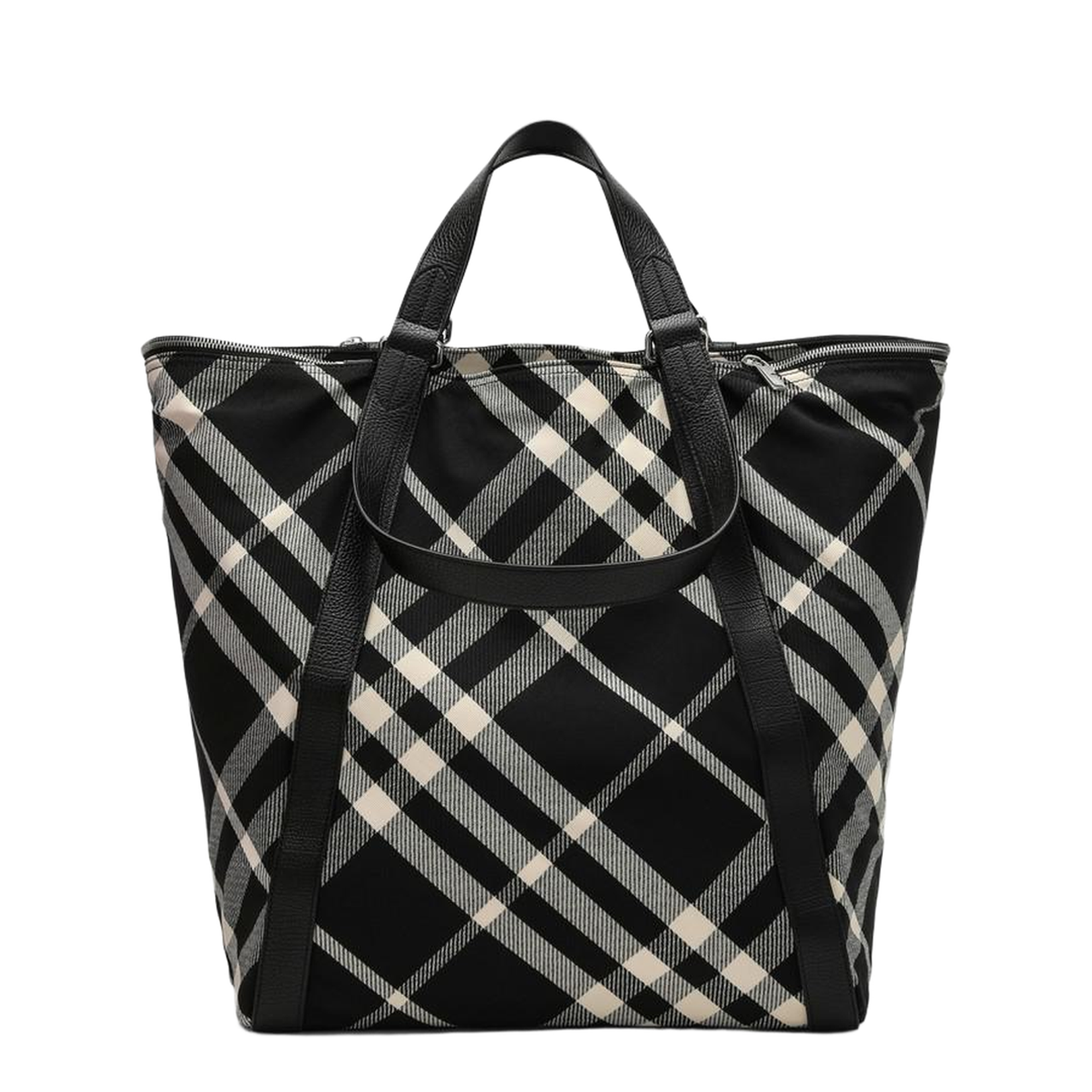 Black Calico Cotton-Blend Tote Bag with Check Pattern