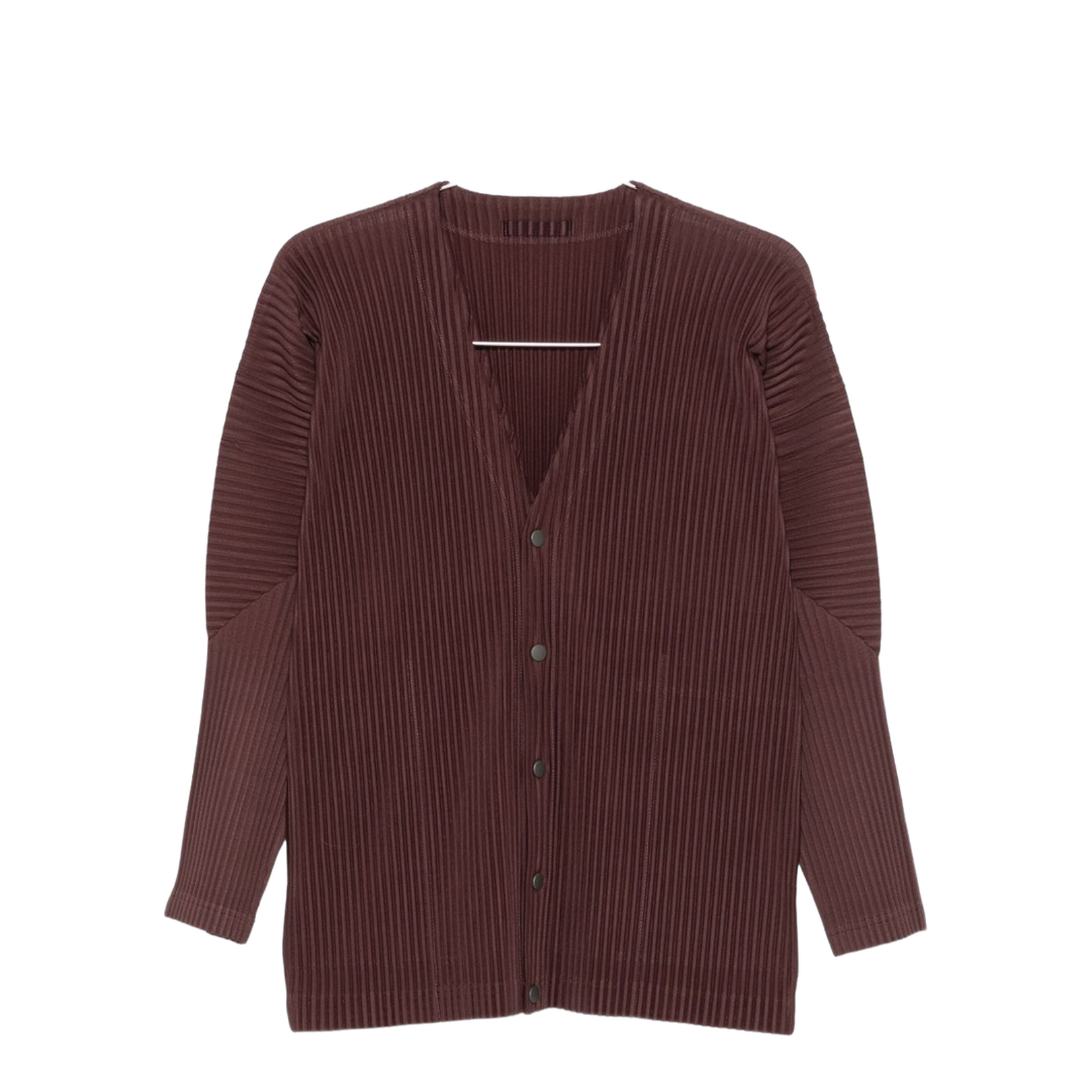 Brown Pleated Texture V-Neck Long Sleeves Button Fastening