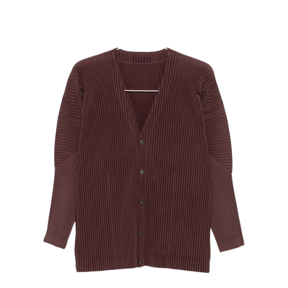 Brown Pleated Texture V-Neck Long Sleeves Button Fastening