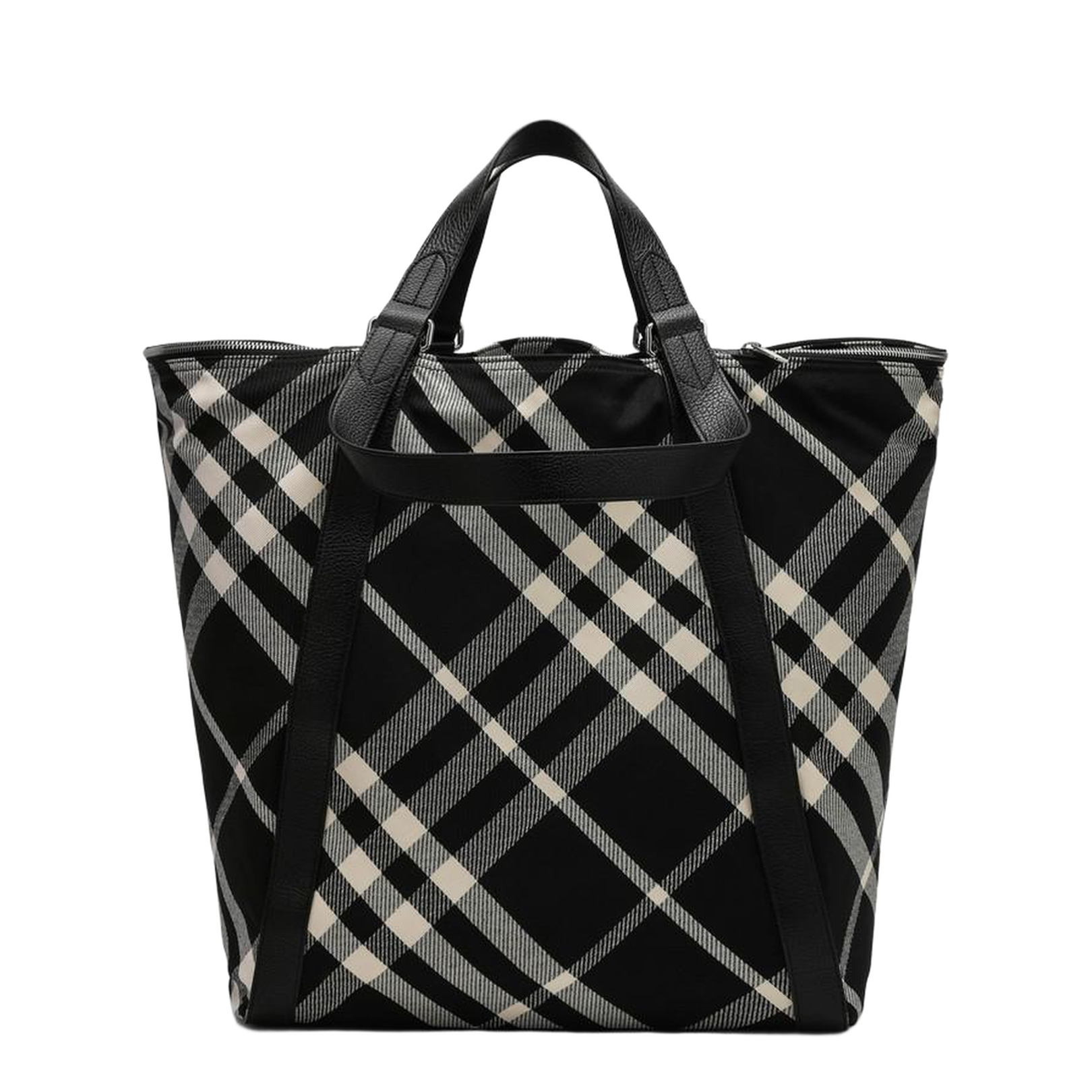 Black Calico Cotton-Blend Tote Bag with Check Pattern