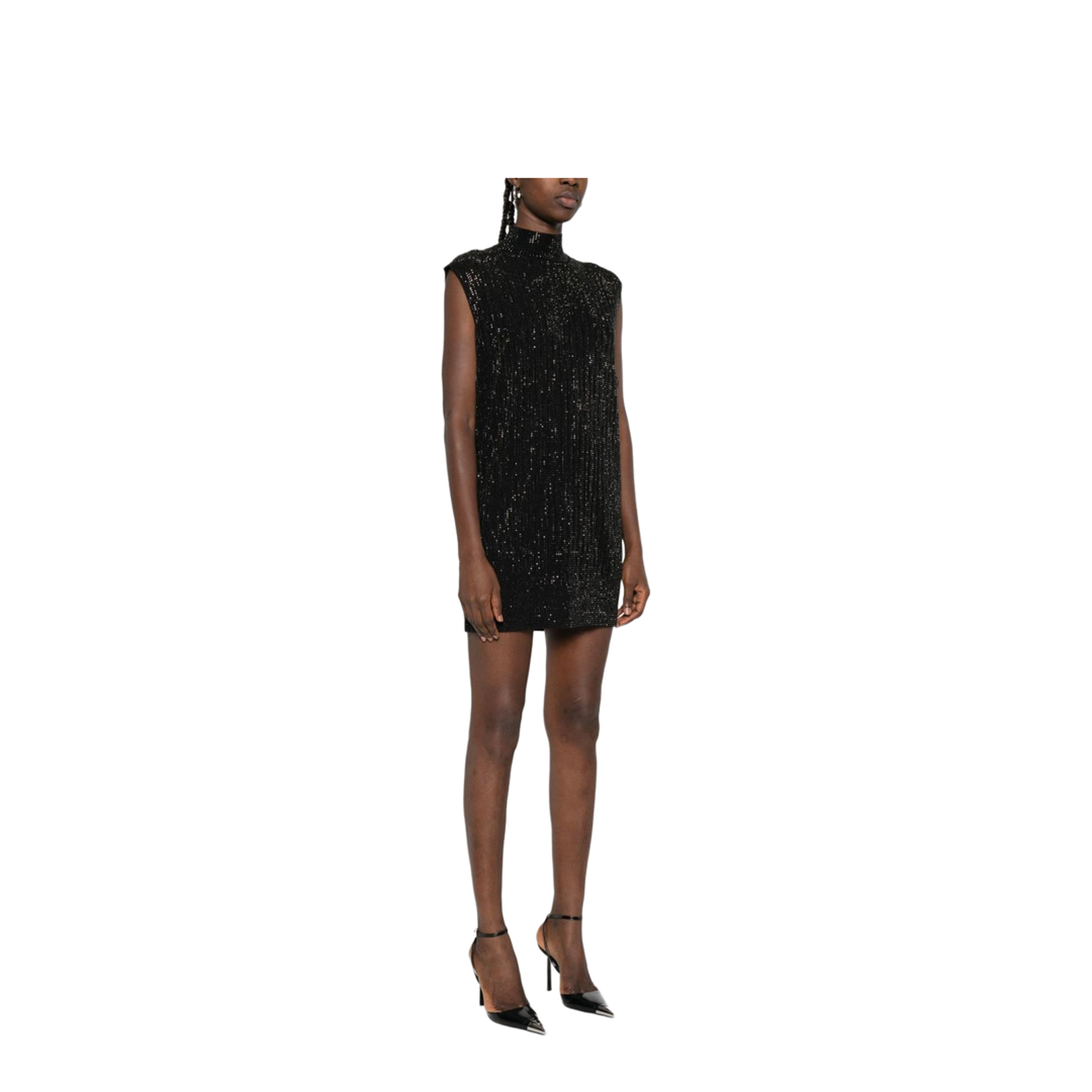 Plain-knit Virgin Wool-blend Sleeveless Dress with All-over Rhinestones