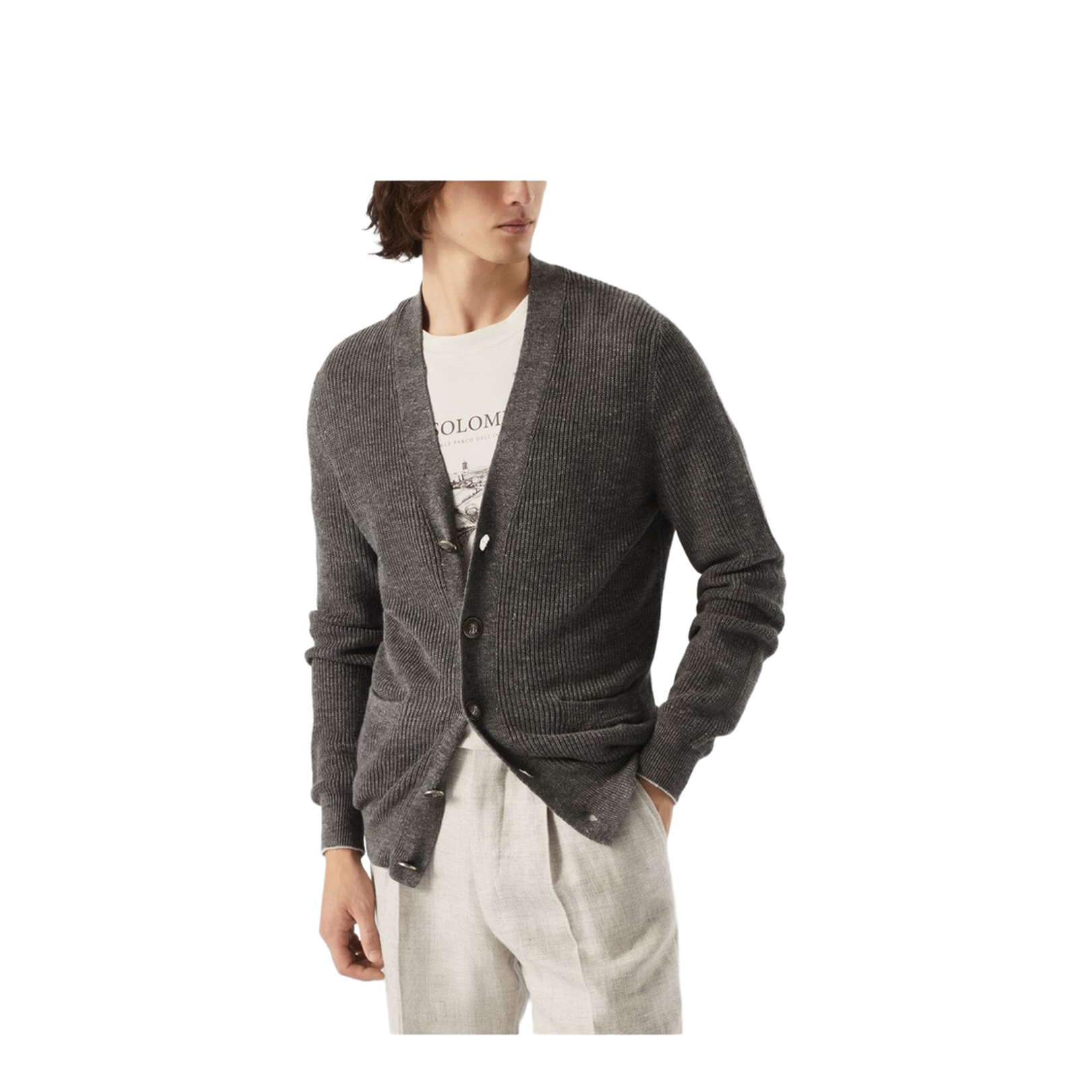 Linen and Cotton Half English Rib Cardigan with Metal Buttons