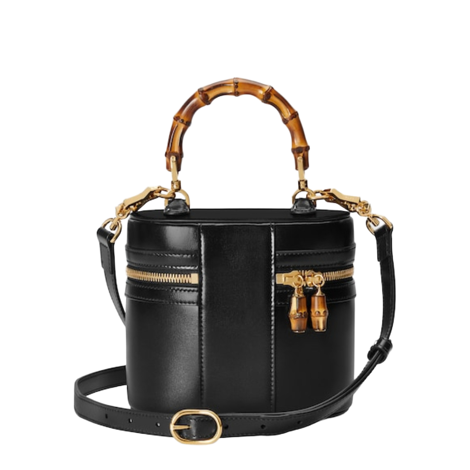 Mini Leather Vanity Bag With Bamboo Handle - Black