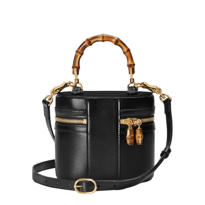 Mini Leather Vanity Bag With Bamboo Handle - Black