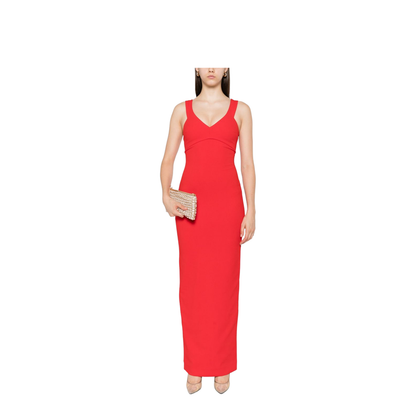Red Sleeveless Design V-Neckline Fitted Bodice Maxi Length Straight Skirt