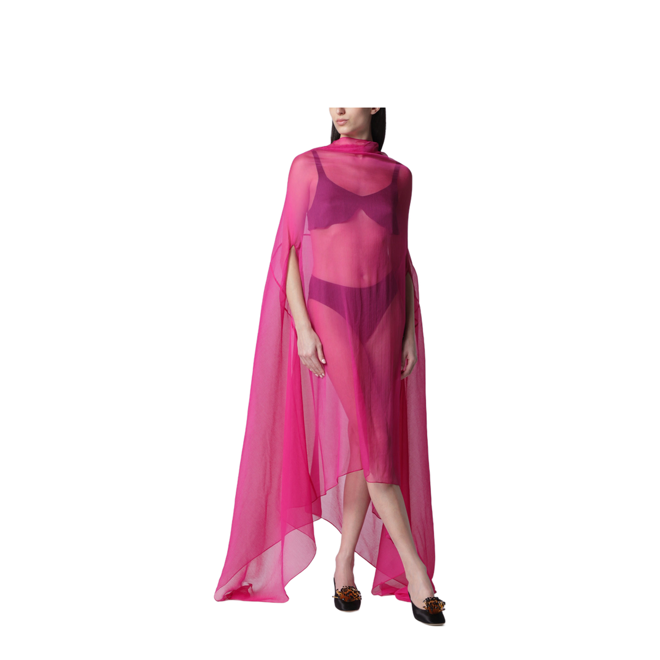Wide Cape Dress Fuchsia in Sheer Silk