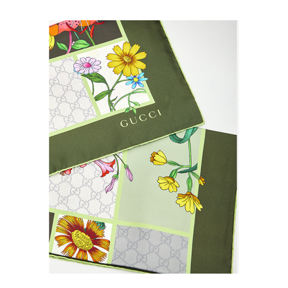 Green Silk Twill Scarf with Flora Print