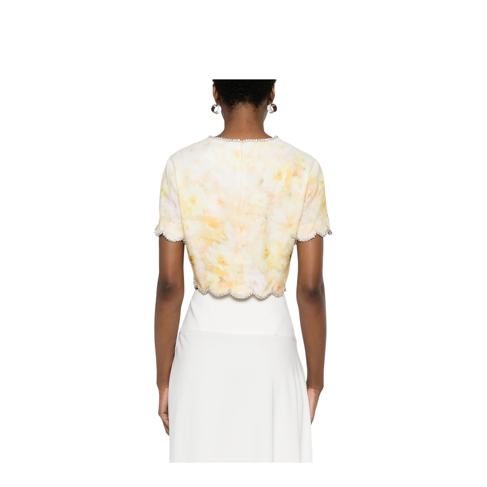 Short Top In Yellow Linen With Floral Print