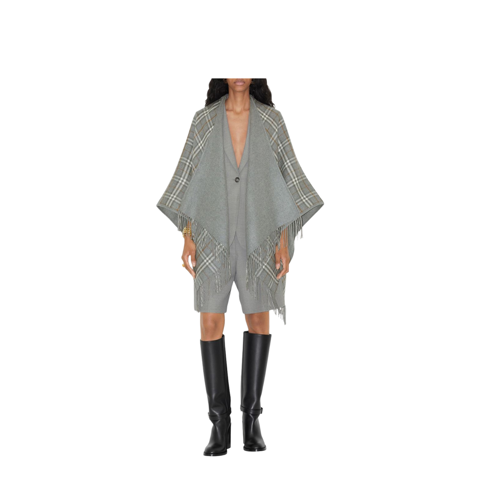 Check Wool Cape Jacket - Grey
