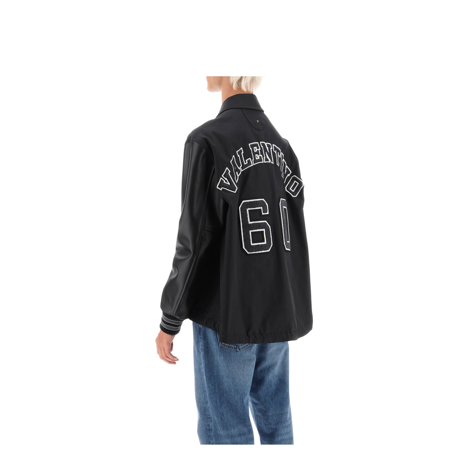 Black Leather Sleeves Nylon Bomber