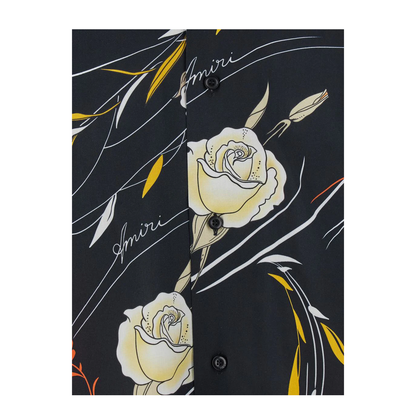 Black Bowling Shirt With Cuban Collar And All-Over Floral Motif In Viscose