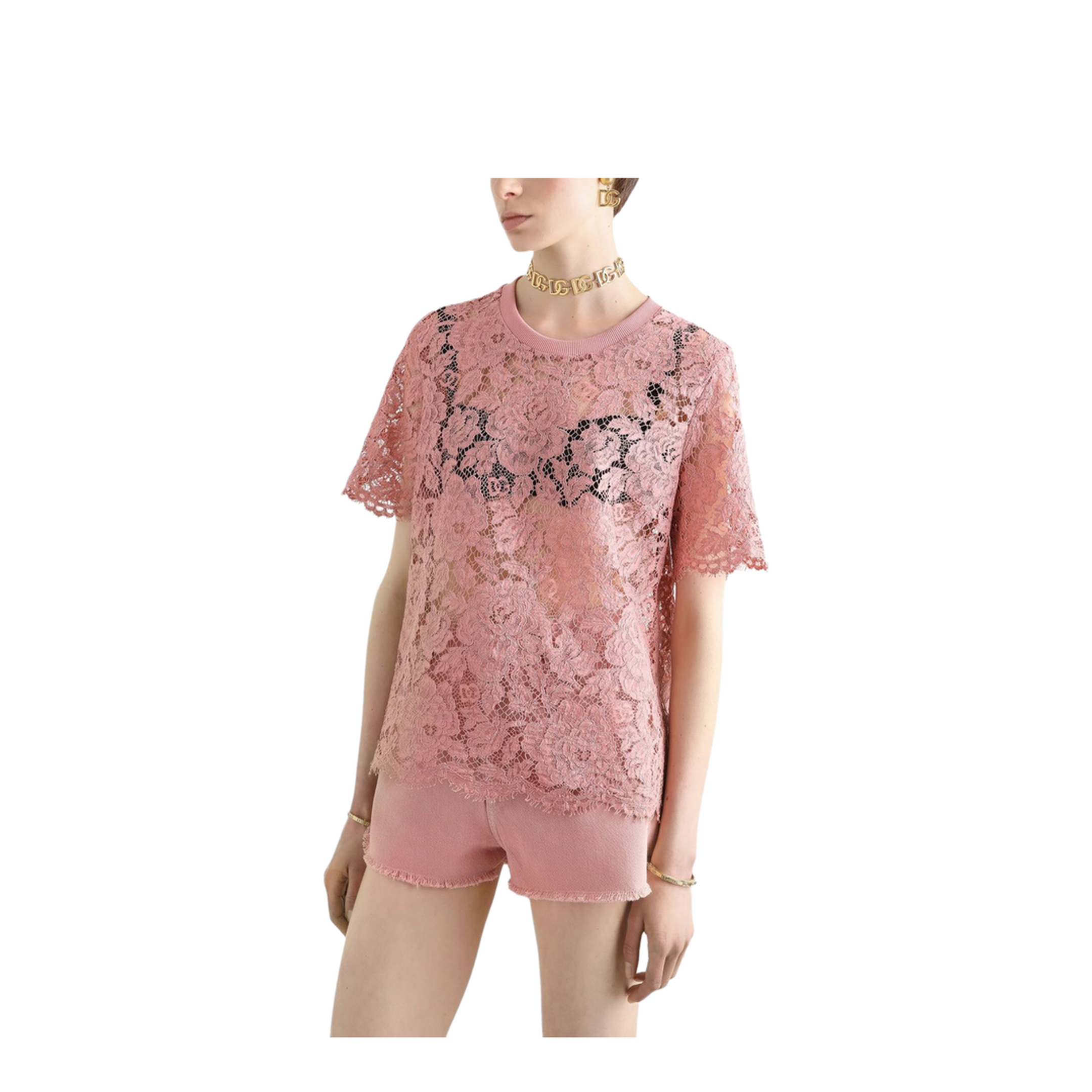 Short-sleeved Cordonetto Lace T-shirt in Pink