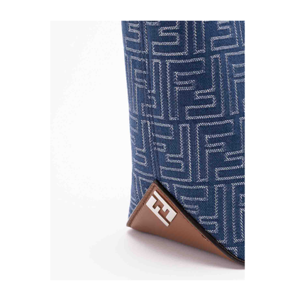 FF Leather Denim Effect FF Jacquard Blue And Brown Small Shopping Bag