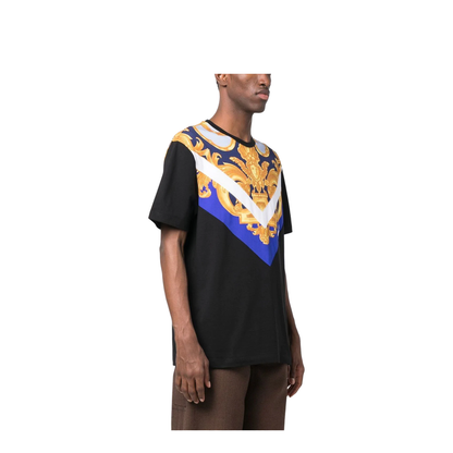 Black T-Shirt with Baroque Print on the Front and Back in Cotton