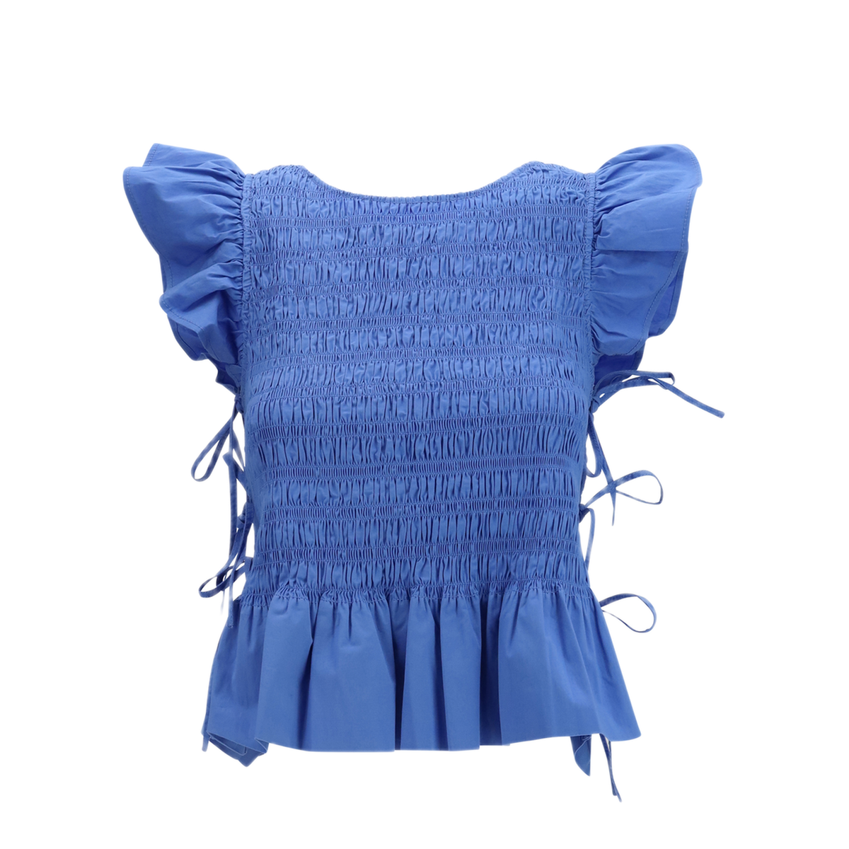 MAYFEYR - Ganni - Ruched Cotton Top With Side Bows - A1040422591