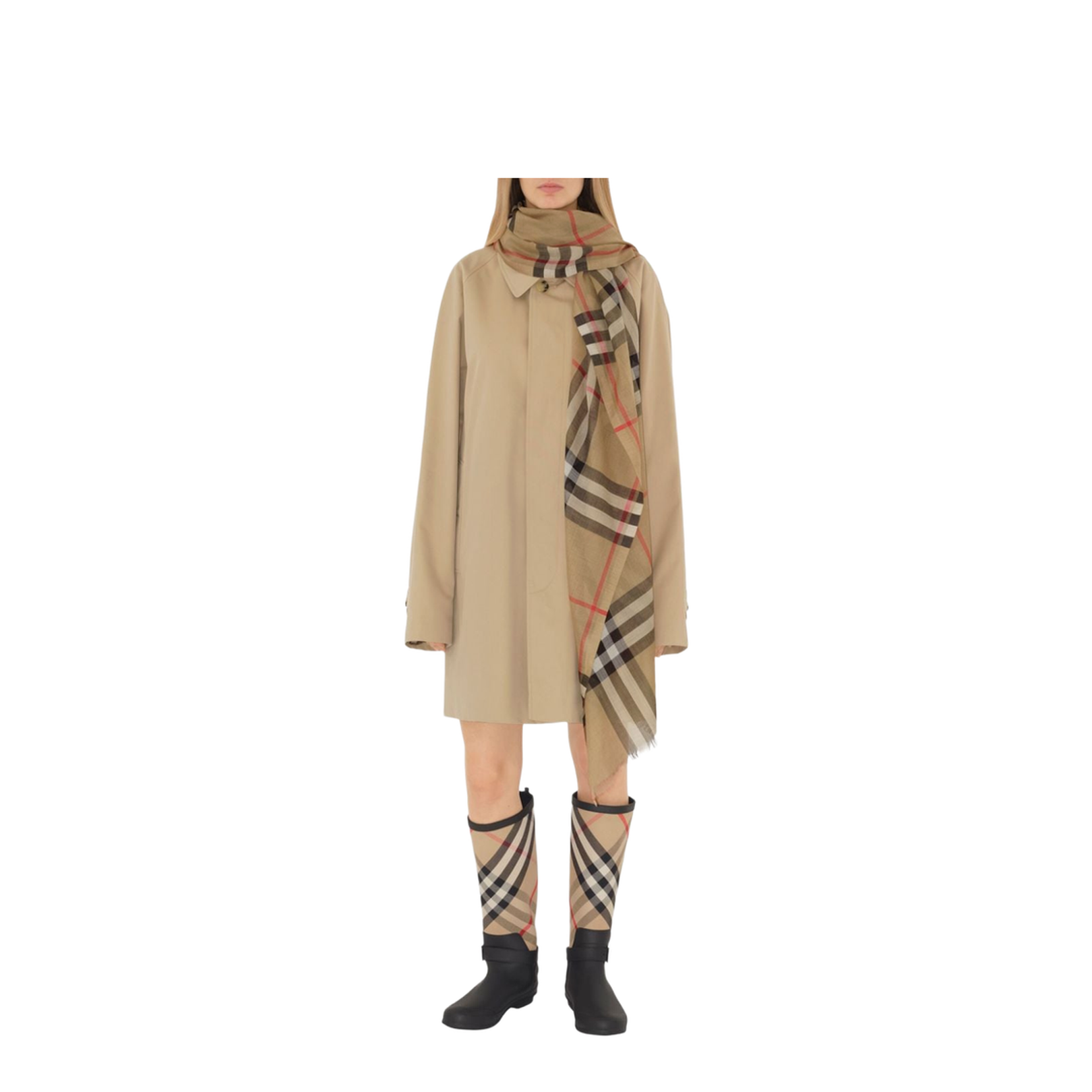 Beige Wool-Silk Blend Plaid Check Scarf