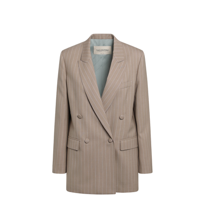 MAYFEYR - Valentino - Double-Breasted Pinstripe Jacket In Mud/Ivory Virgin Wool - 9B3CE5V5A9C3EU