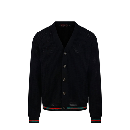 Cotton Knit Cardigan with Web in Black